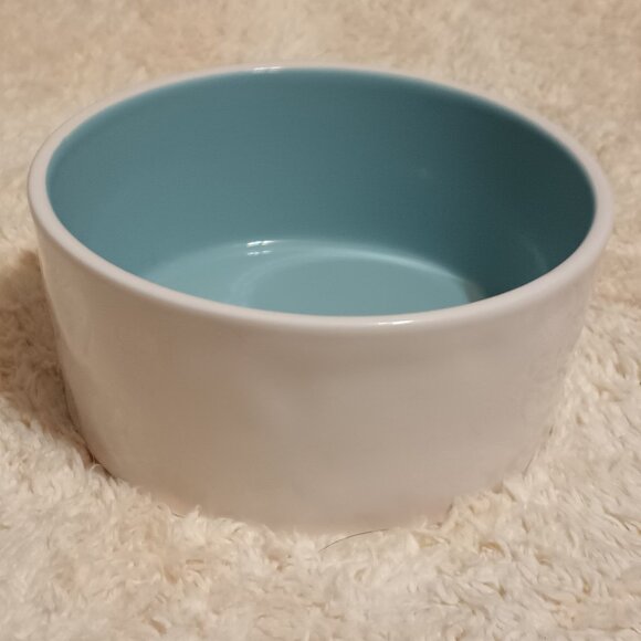VGUC ~ RAE DUNN Savor White/Baby Blue Ceramic Medium Round Dog Food Water Bowl - Picture 5 of 6
